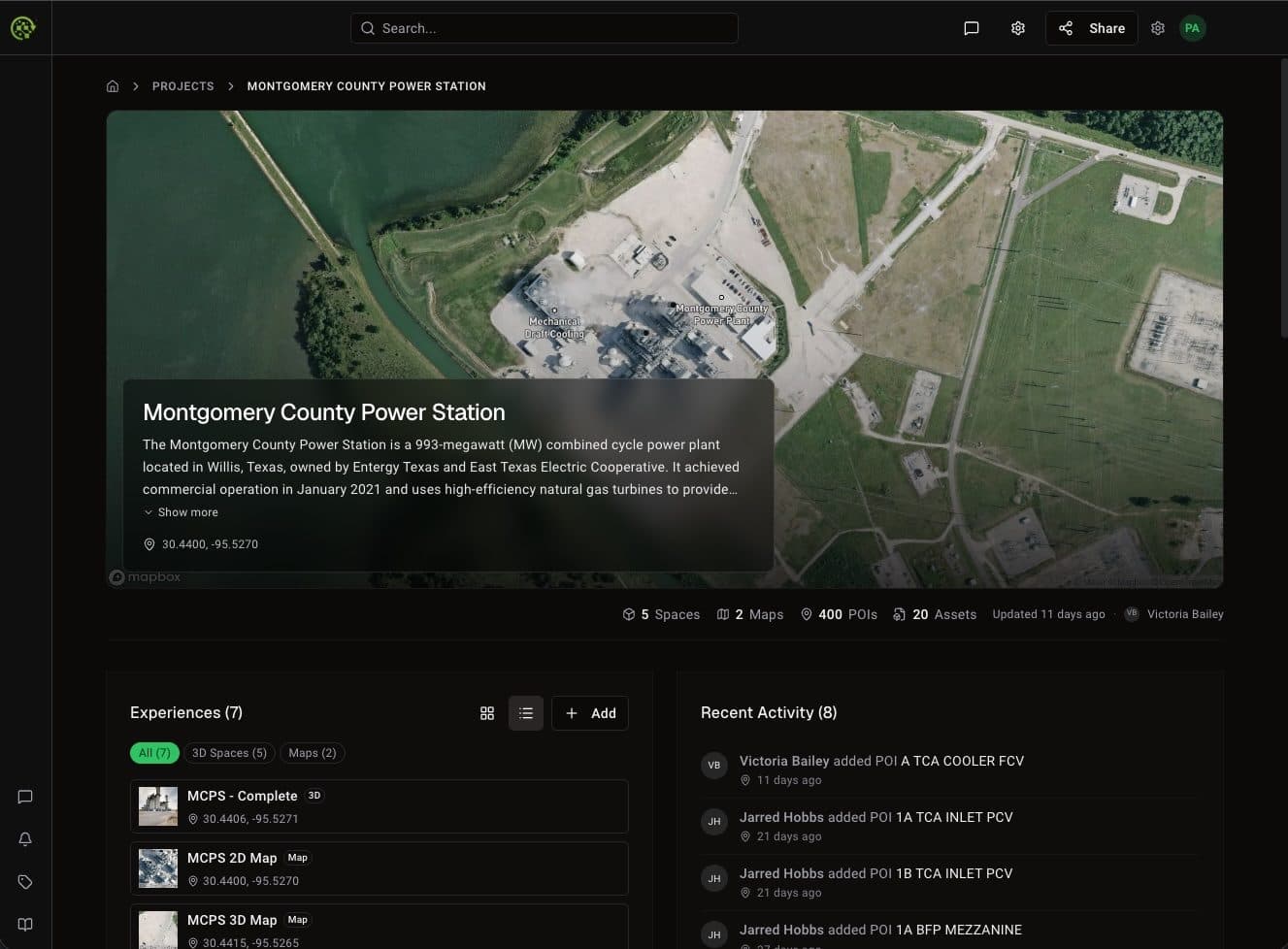PowerVPR — project overview with spaces, maps, points of interest, and assets