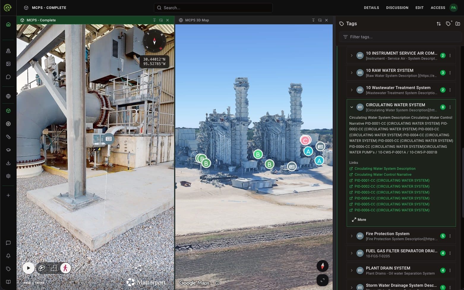 Every asset tagged and organized by system, synced across a 3D walkthrough and an aerial map.