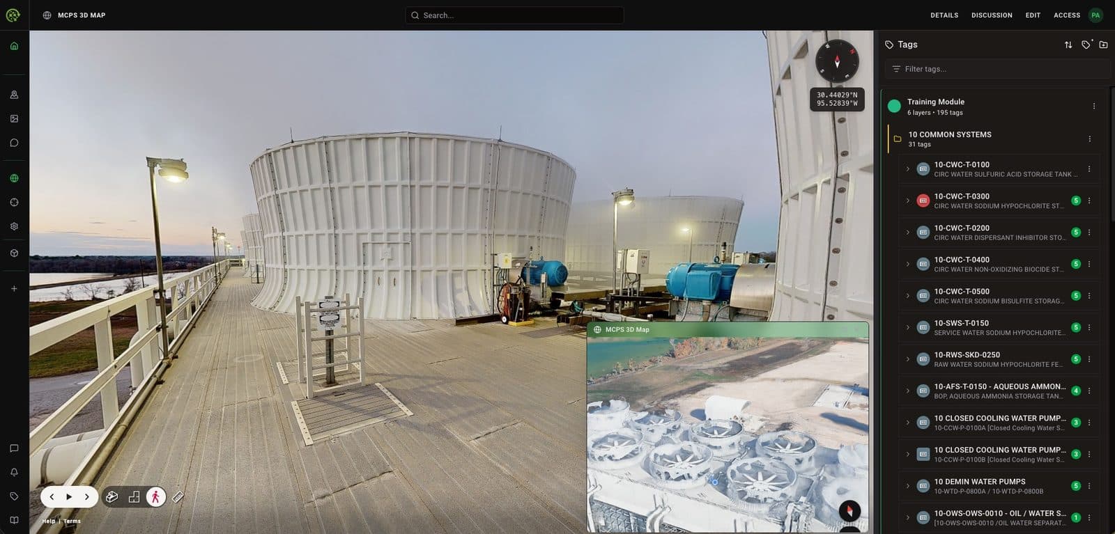 Walk the facility in 3D with an aerial map in picture-in-picture, so you never lose context.