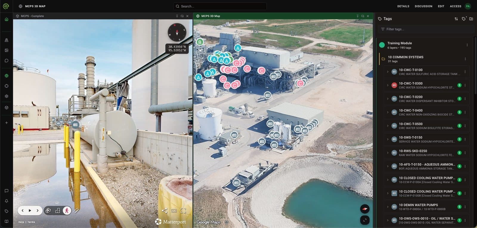 PowerVPR — 3D walkthrough and aerial map with located assets, side by side